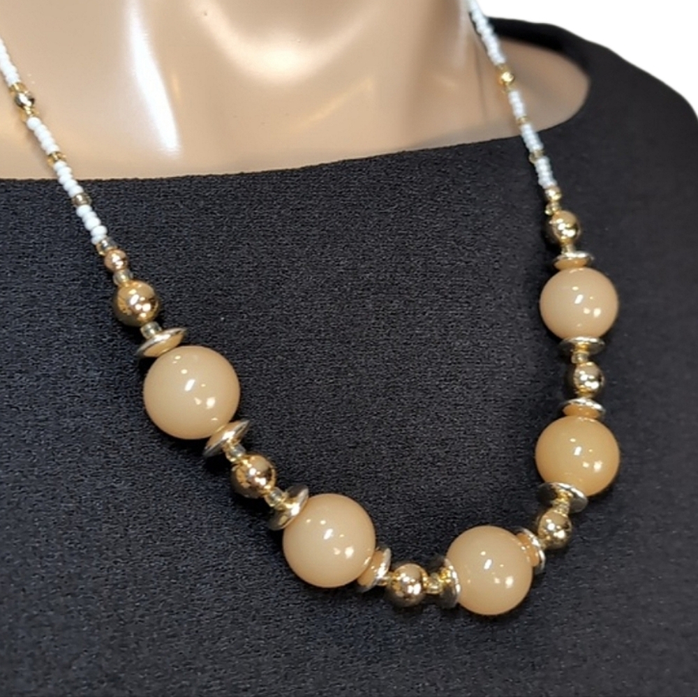 Beaded Statement Necklace Peach Nude & Gold Neutral Chunky Round Bead